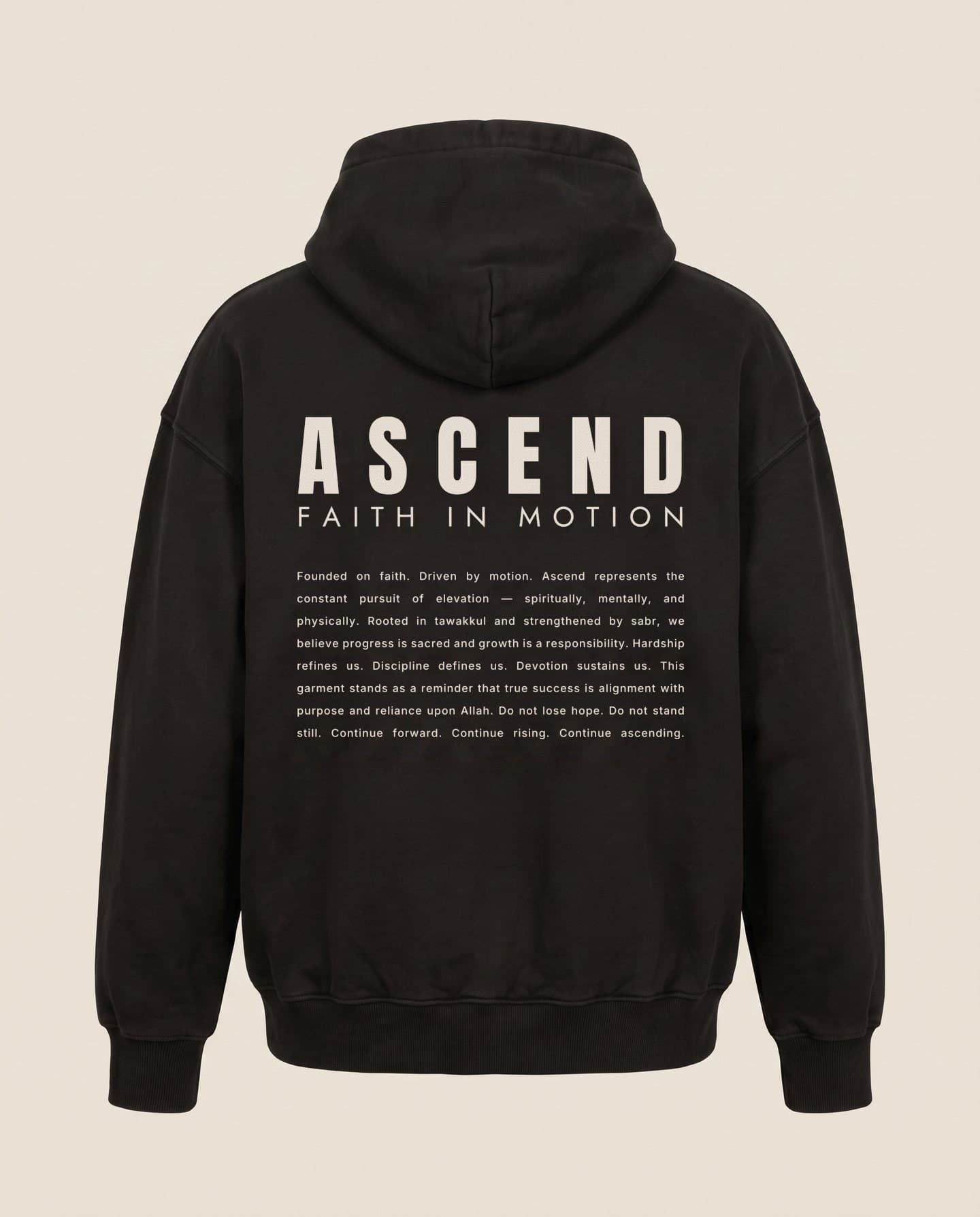 Back of the Black hoodie, the ASCEND lockup and manifesto printed across it