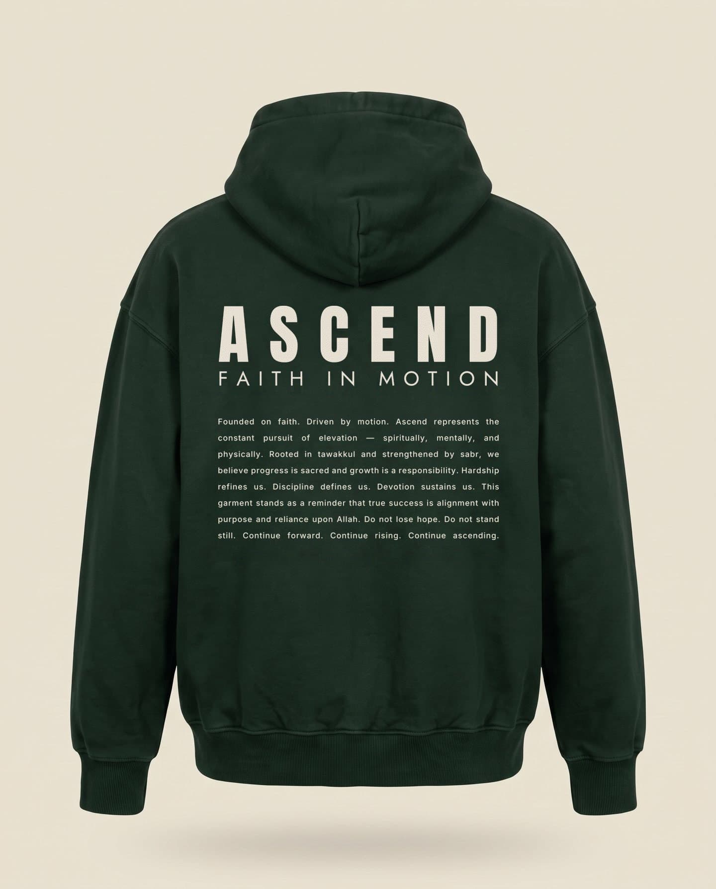 The Hoodie in Dark Green, flat back with printed manifesto