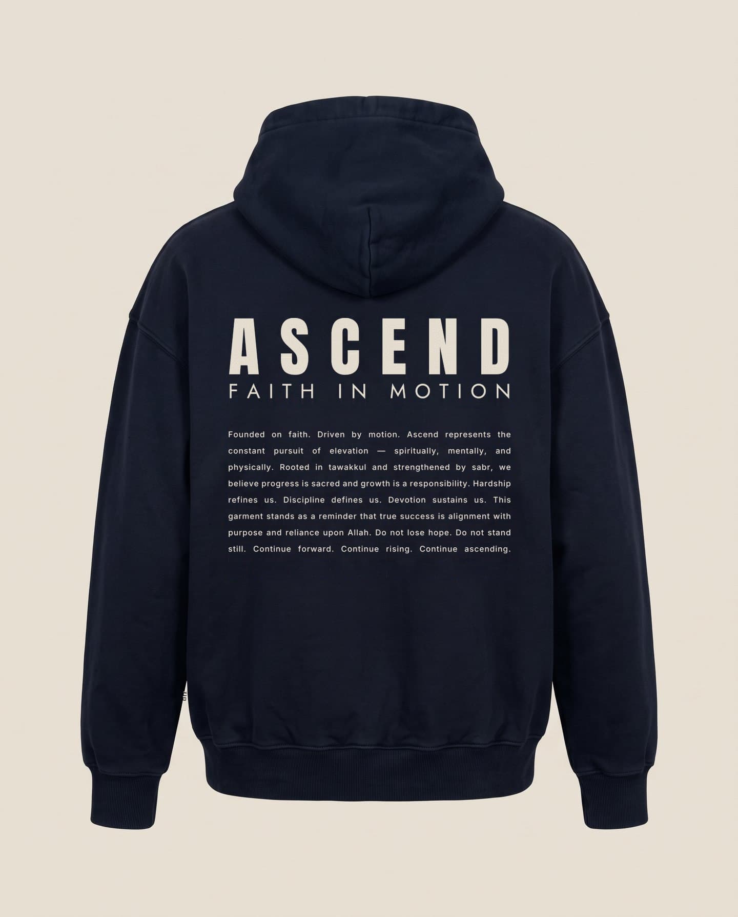 The Hoodie in Navy, flat back with printed manifesto