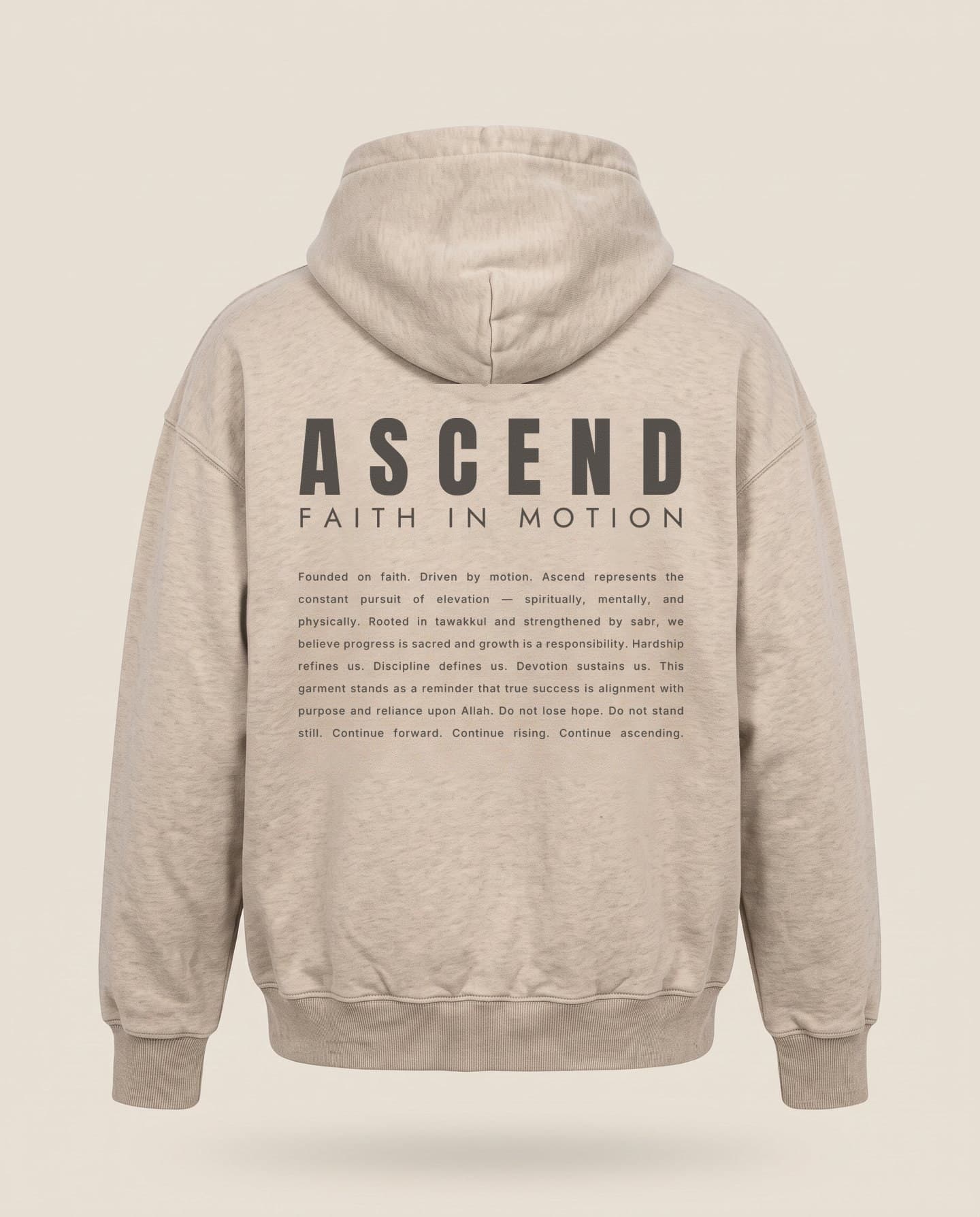 The Hoodie in Oat Ash, flat back with printed manifesto